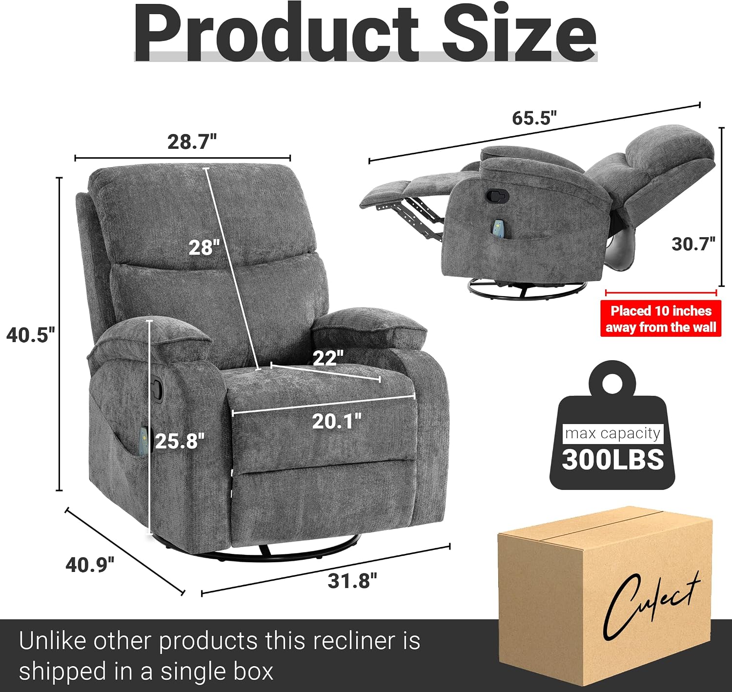 360° Swivel Rocking Recliner Chair, Massage Lazy Recliner, Small Spaces Recliner for Living Room, Bedroom and Nursery, Dark Gray Chenille