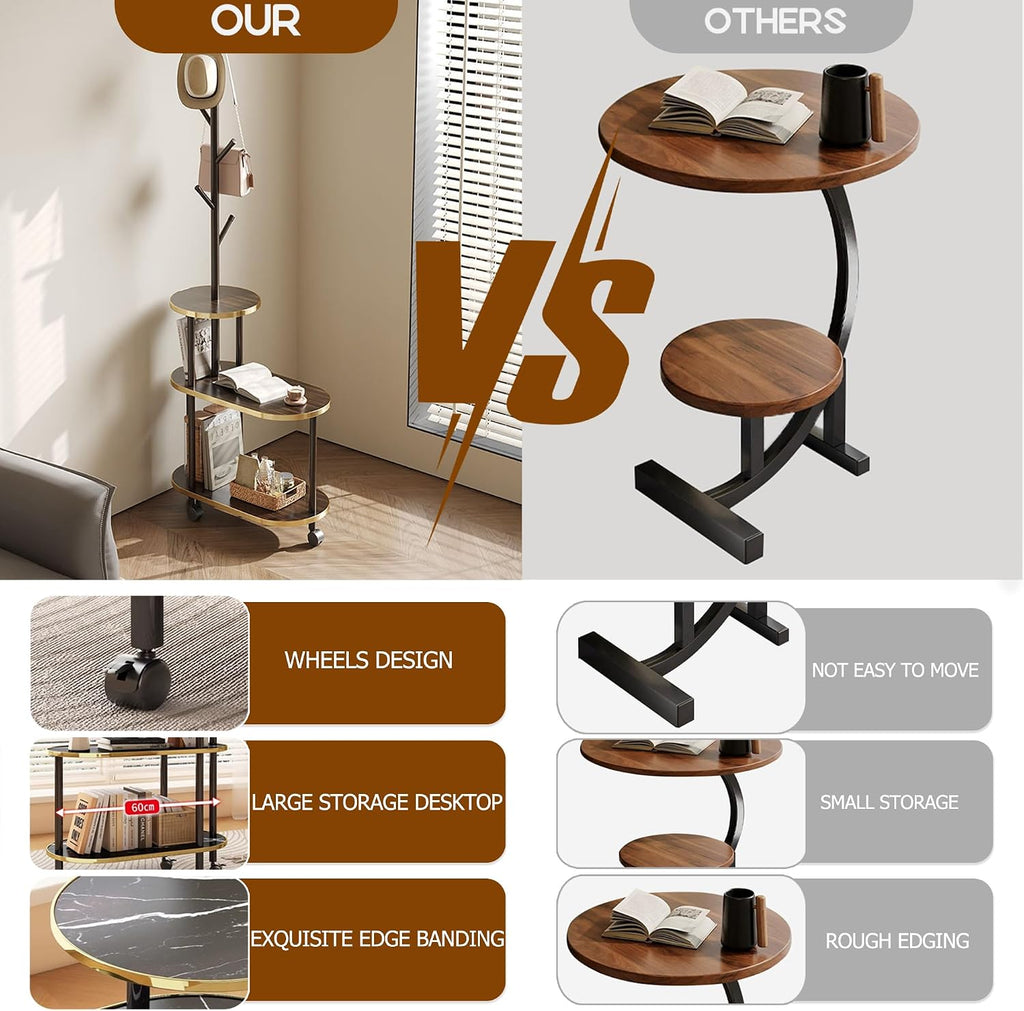 End Table with Coat Rack 3-Tier Couch Side Table with Storage for Small Space Rolling Bedside Tables for Living Room Bedroom 60x30x169CM (Brown)