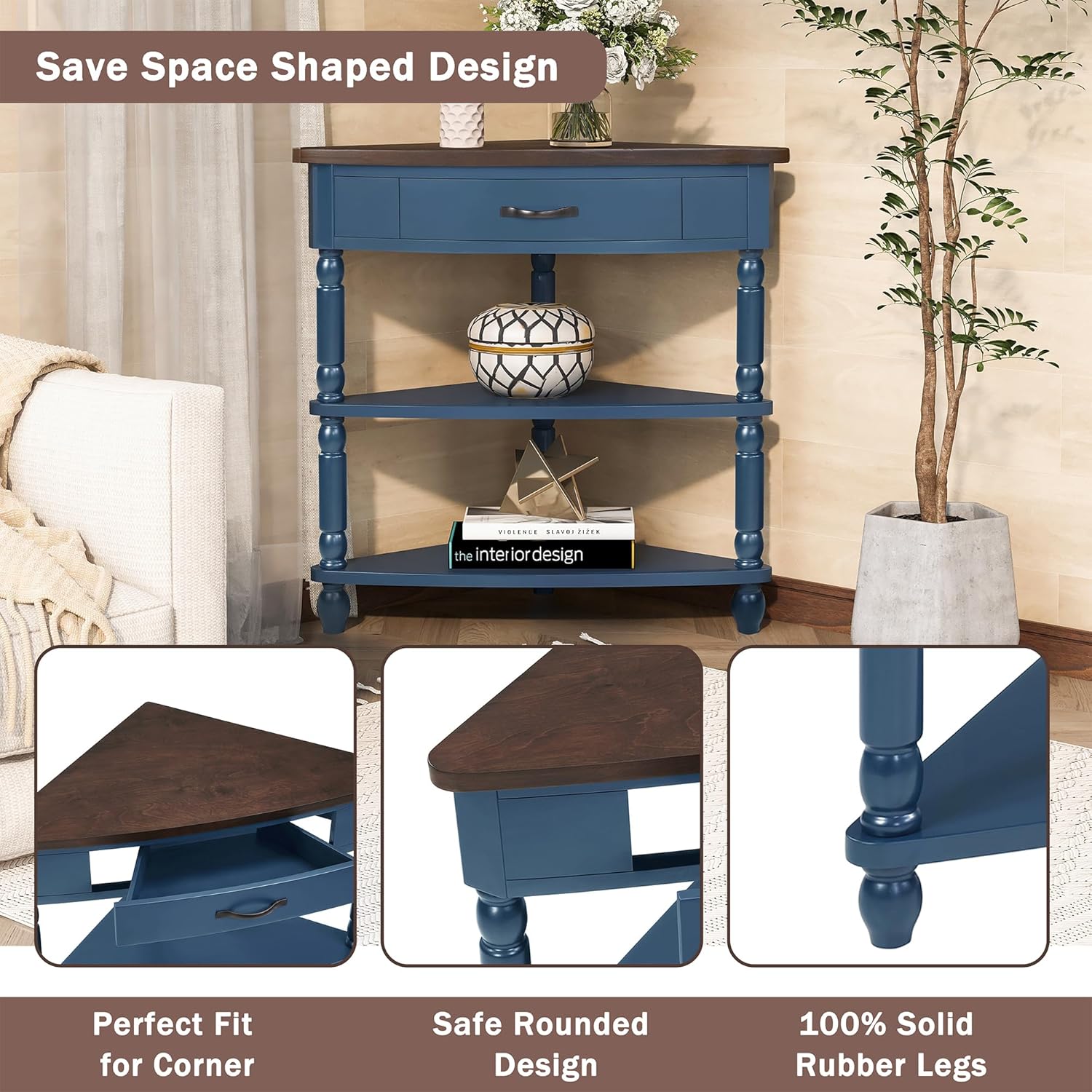 ZSQ Retro Corner Side Table, 33.8 inch Triangle Console Table with Solid Wood Legs, 3-Tier Small Wooden Living Room Table, Navy Blue and Espresso Top (Navy Blue)