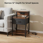 Industrial Nightstand with USB Charging Port, Narrow End Side Table with Fabric Drawer & Storage Shelf for Bedroom Living Room