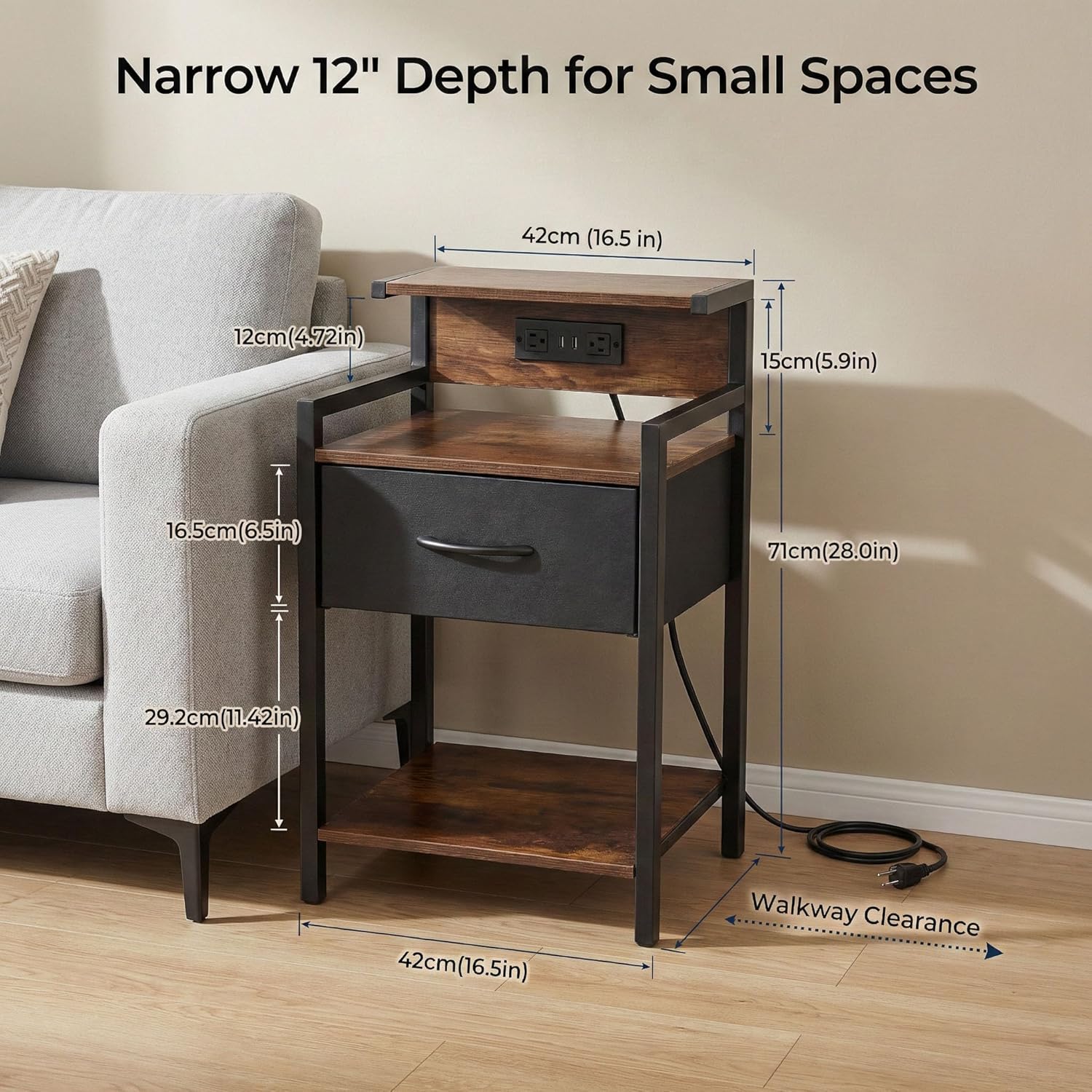 Industrial Nightstand with USB Charging Port, Narrow End Side Table with Fabric Drawer & Storage Shelf for Bedroom Living Room