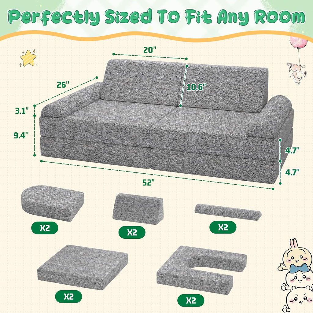 Modular Kids Play Couch with Washable Covers – Foam Toddler Sofa for Creative Play, Climbing, and Lounging – Convertible Kid Sofa Play Furniture for Kids Room or Nursery (Grey)