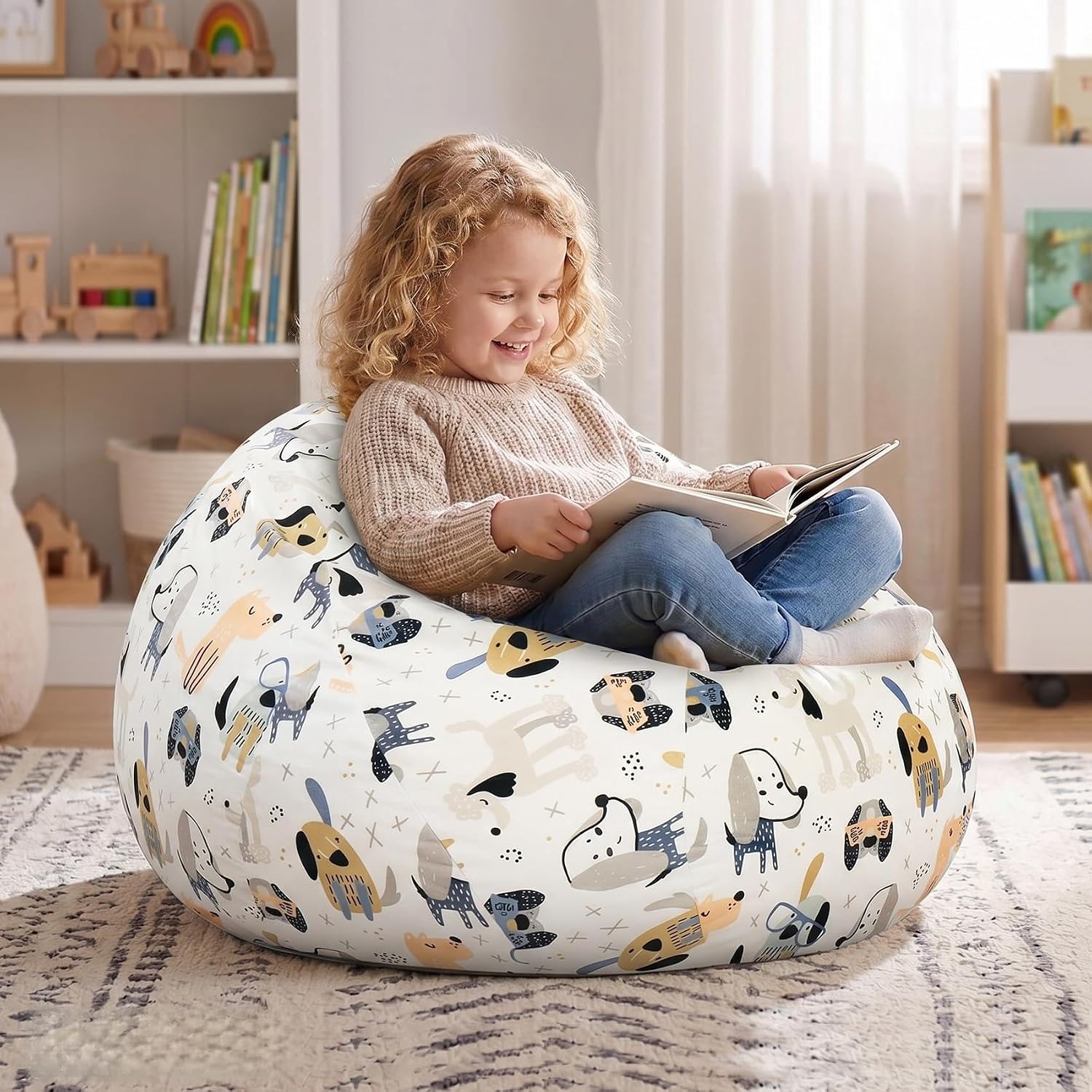 Bean Bag Chair for Kids/Teens with Armrests,2.5FT Round Memory Foam Filled Bean Bag,31.5'D'×31.5'W'×20'H',for Bedroom,Living Room,Reading,Dorm (Chenille-Cartoon)