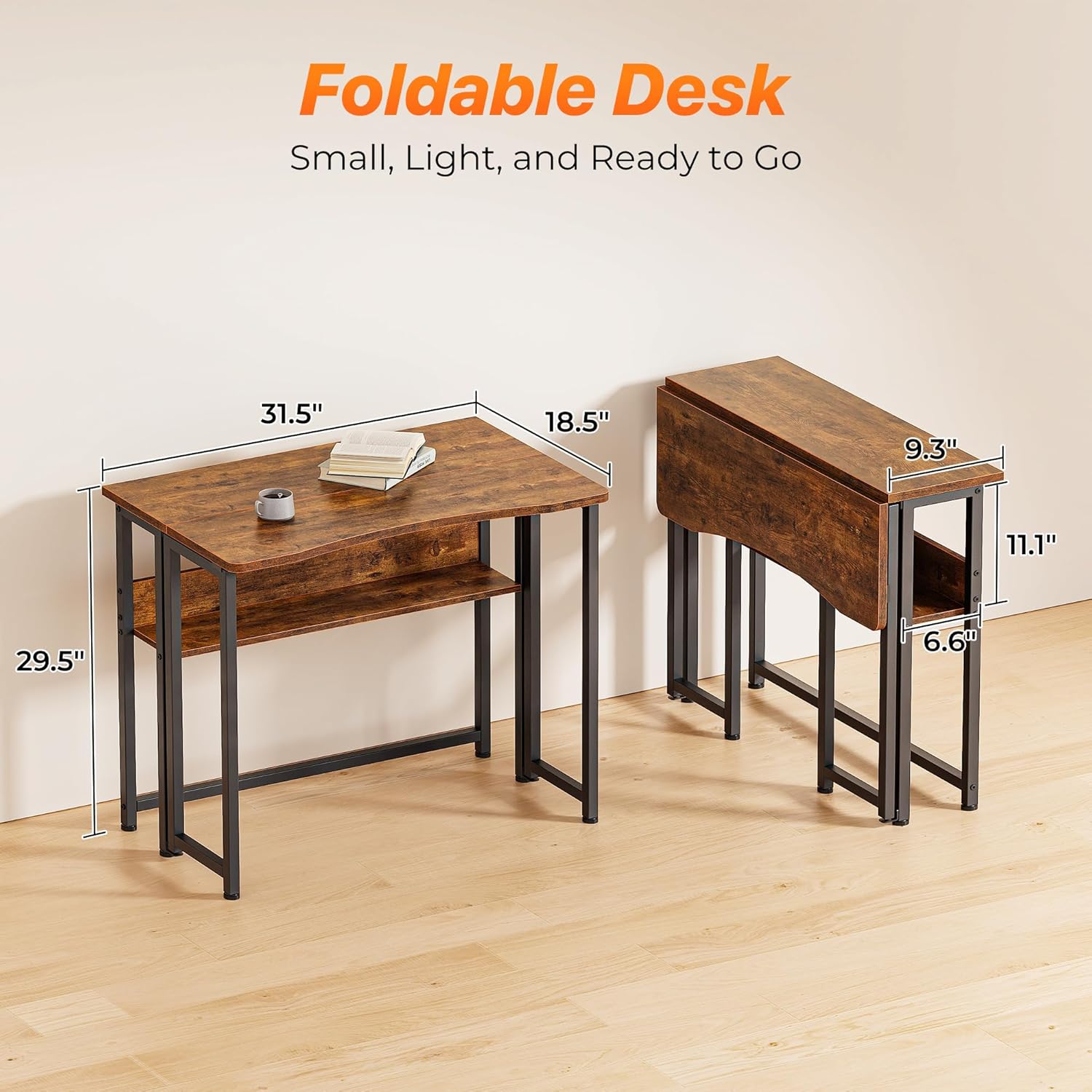 Huuger Folding Desk with Storage Shelf, 31.5 Inch Foldable Computer Table for Small Spaces, Space Saving Sofa Table for Couch, Writing Work Office Computer Desk, Easy to Fold, Rustic Brown