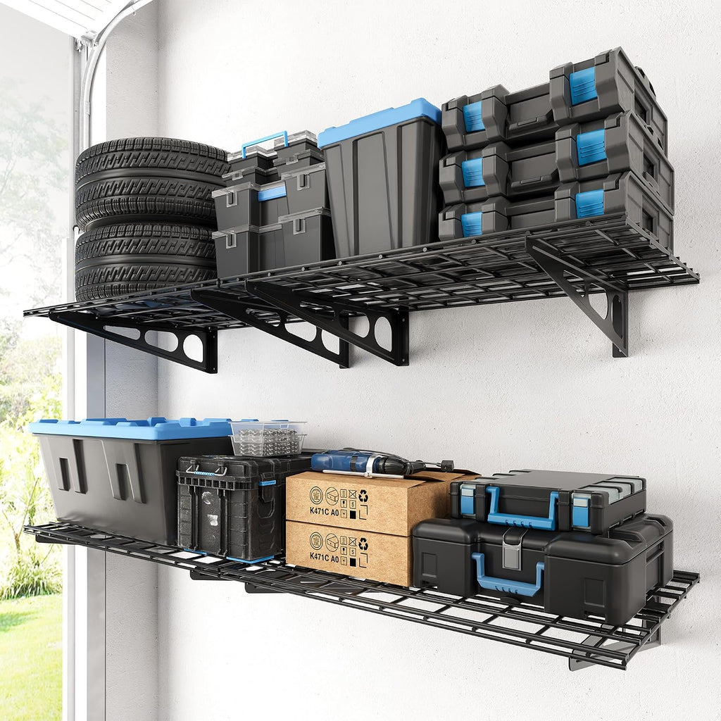 FLEXIMOUNTS 4 Pack Garage Shelving, 2 x 3 ft Each Heavy-Duty Garage Storage Shelves, 1400 lbs Load Capacity, 24"x72" Garage Wall Shelving for Garage, Pantry, Workshop, Black, Classic Series