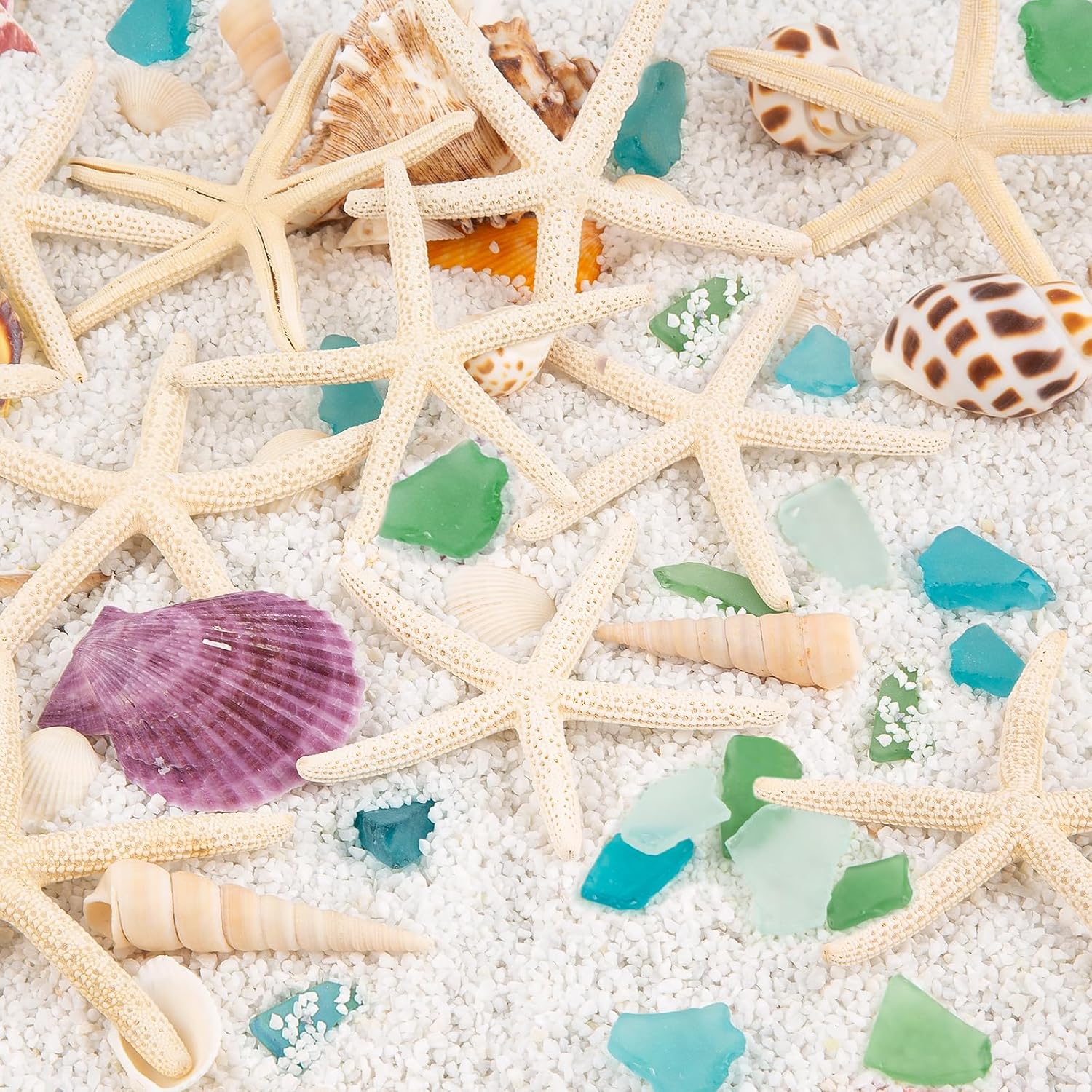 JQAQJU 8PCS Starfish & 9OZ Green Sea Glass Decor for Crafts, Frosted Seaglass Pieces & Starfish, Beach Glass for Crafts Wedding DIY Crafting Ornaments Christmas