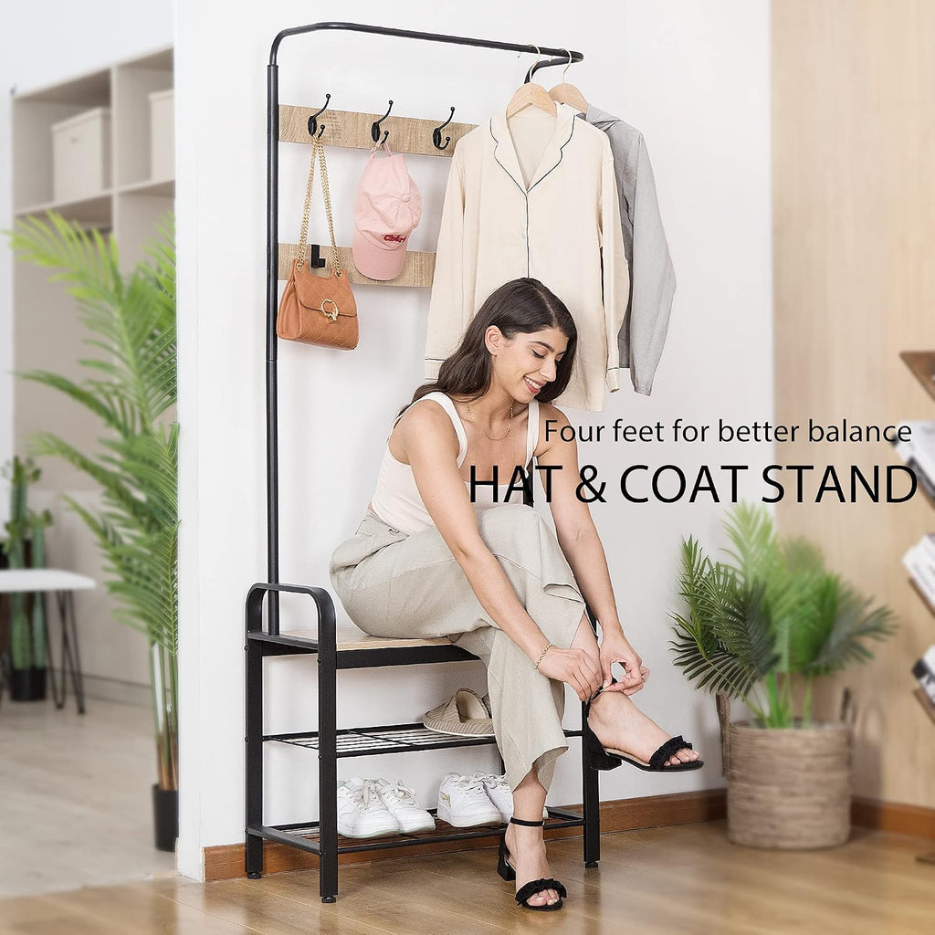 VIVOHOME 3-in-1 Entryway Hall Tree, Heavy Duty MDF Stand Coat Rack with Storage Bench, Industrial Wood Furniture with Stable Metal Frame, 8 Hooks, Light Brown