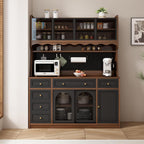 63" W Farmhouse Buffet Cabinet with Hutch, Freestanding Coffee Bar Sideboard with 6 Drawers, 4 Cabinets, Adjustable Shelves, Pegboard and Power Outlet for Dining Room Storage Cabinet,Brown Black
