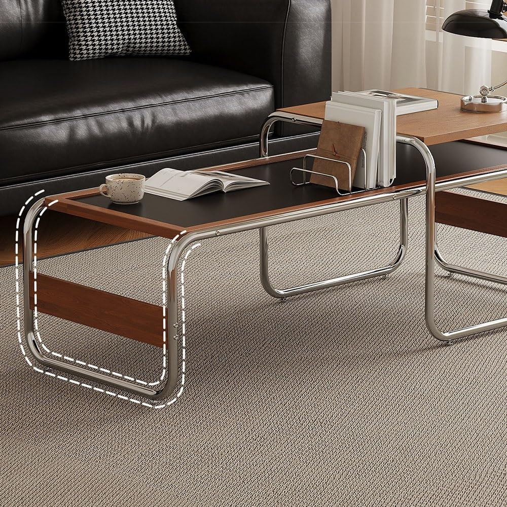 Small Round Table Mid-Century Modern Wood & Metal Coffee Table Black Top Open Frame Living Room Side Table