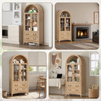 RALGEND 71'' Tall Arched Pantry Cabinet, Farmhouse Kitchen Pantry Cabinet with Glass Doors, Adjustable Shelves and 2 Large Drawers, Versatile Cupboard for Kitchen, Dining Room, Natural
