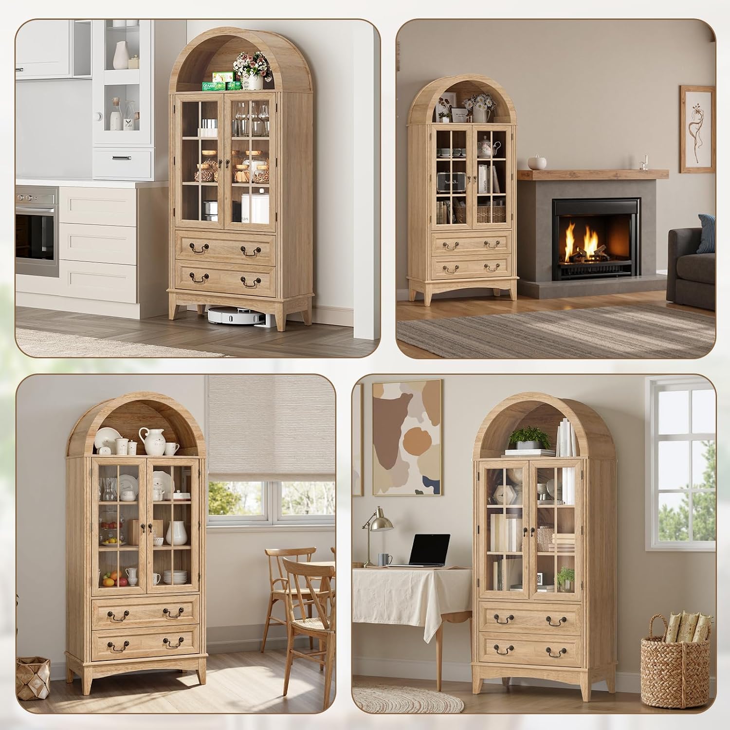 RALGEND 71'' Tall Arched Pantry Cabinet, Farmhouse Kitchen Pantry Cabinet with Glass Doors, Adjustable Shelves and 2 Large Drawers, Versatile Cupboard for Kitchen, Dining Room, Natural