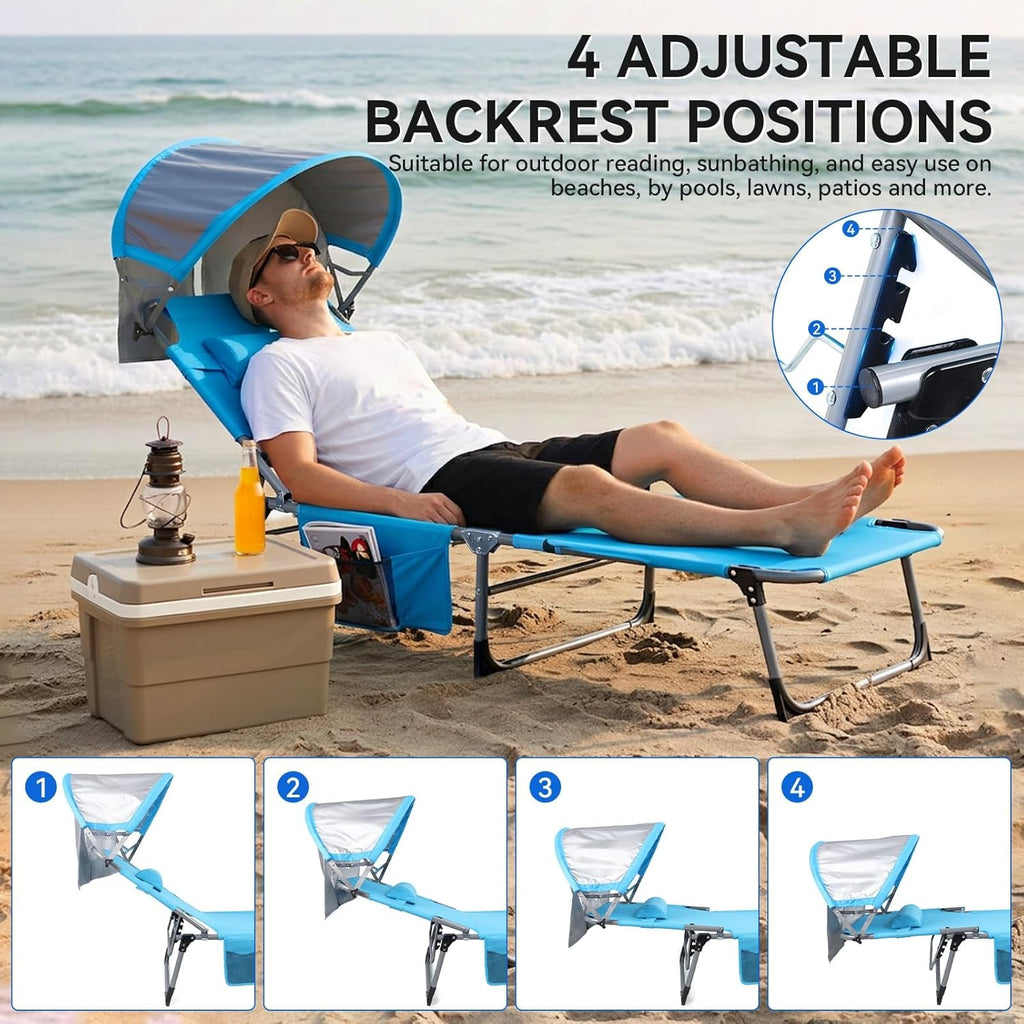 27 Inch Oversized Folding Tanning Chair with Canopy & Face Hole, Portable Face Down Lounge Chair with Pillow, 3-Position Adjustable Patio Chaise for Beach, Pool, Lawn Blue 1