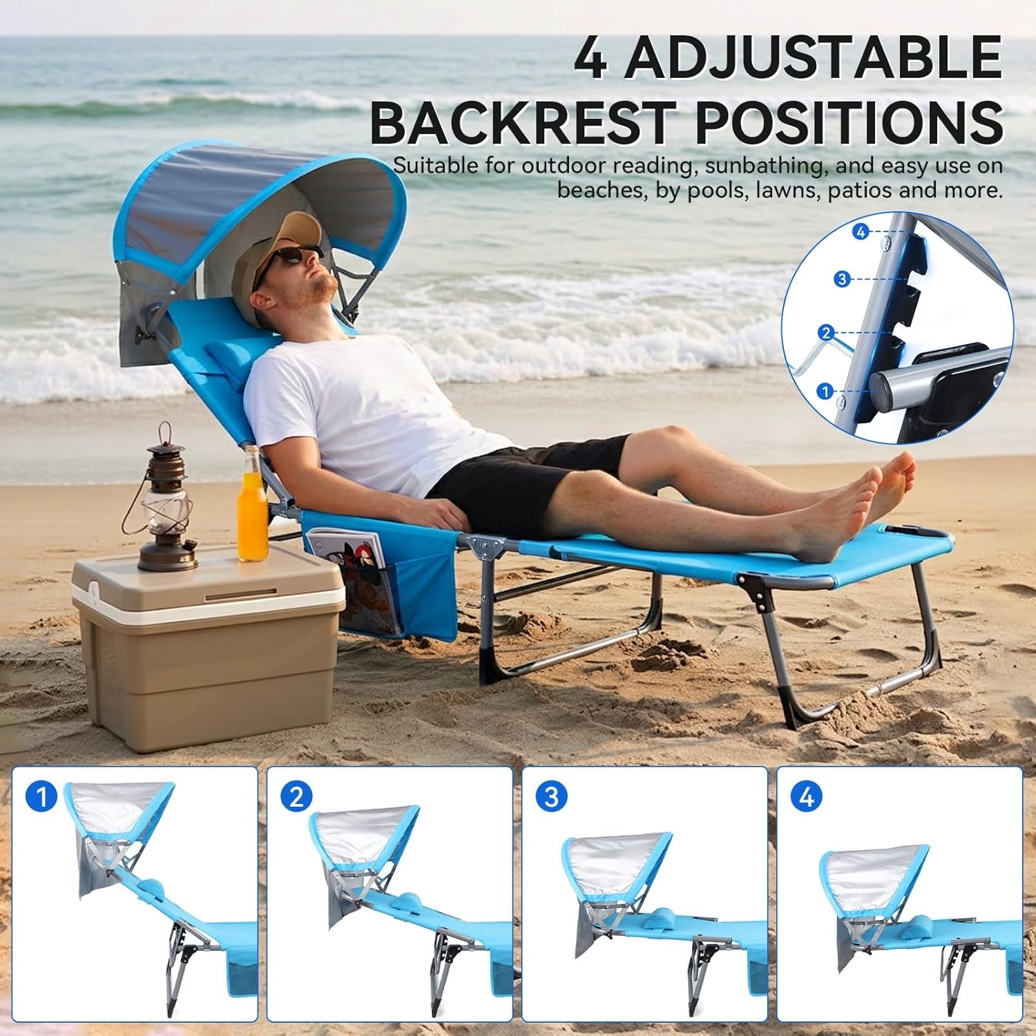 27 Inch Oversized Folding Tanning Chair with Canopy & Face Hole, Portable Face Down Lounge Chair with Pillow, 3-Position Adjustable Patio Chaise for Beach, Pool, Lawn Blue 1