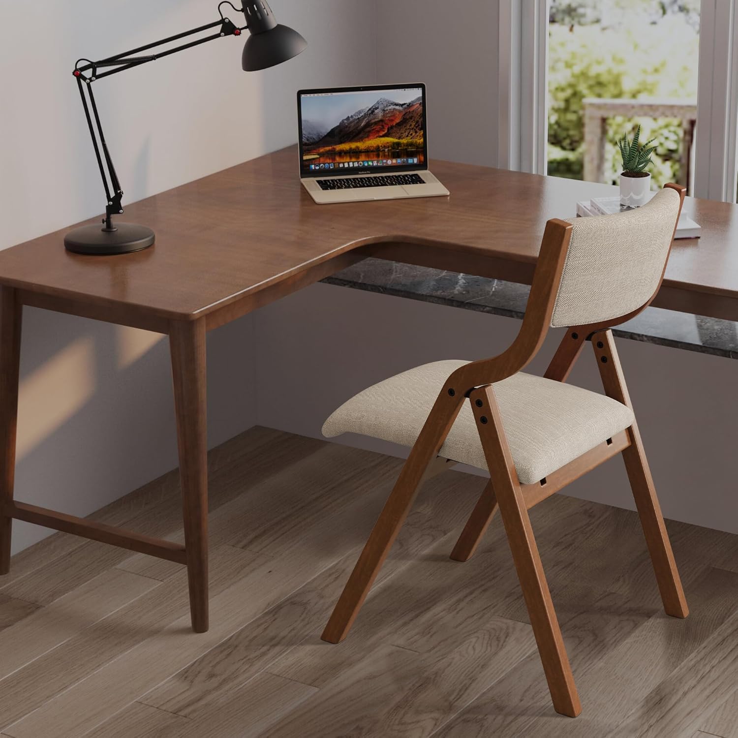Folding Dining Chairs Set of 2, Upholstered Kitchen Chair with Padded Seat & Backrest, Modern Side-Chair with Wood Legs for Home Office Living Room,No Assembly Needed,Cream Taupe+ Walnut
