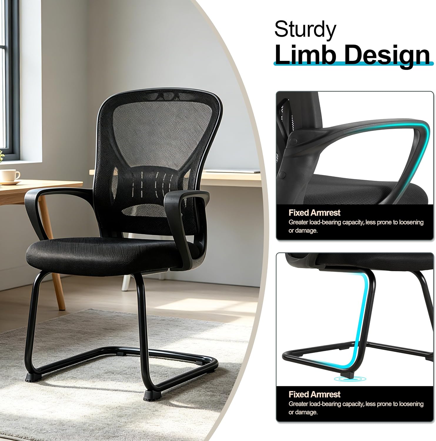 Office Desk Chair with Sled Base Set of 10,Mesh Conference Room Chairs No Wheels,Ergonomic Computer Chair with Lumbar Suppor,Office Guest Reception Waiting Room Chair,Black