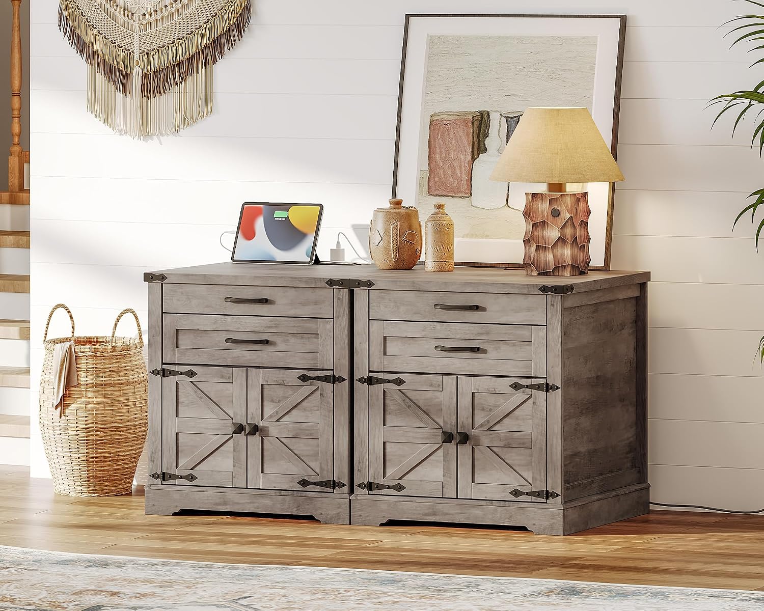 RALGEND Farmhouse End Table with Charging Station, 24'' Sofa Side Table with 2 Drawers and Barn Door, Large Rustic Wooden Square Nightstand for Bedroom, Living Room, Greige