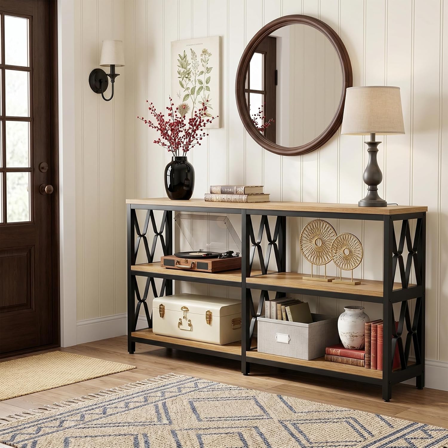 LITTLE TREE Console Table with Storage Shelves, 70.9" Industrial 3-Tier Sofa Table for Living Room, Long Foyer Table Entryway Table for Hallway, Front Door, Entrance, Natural Light Oak & Black