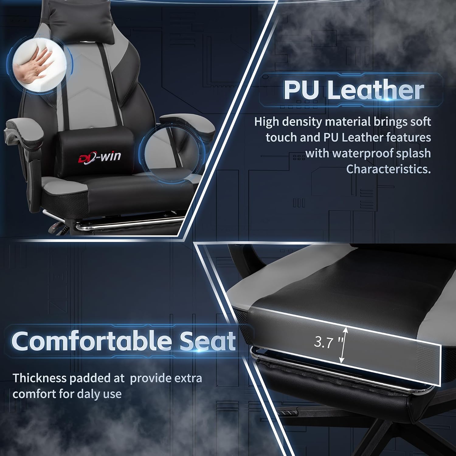 DL-win Gaming Chair for Adults with Footrest, Ergonomic Computer Gamer Chair with Massage Lumbar Support, High Back Reclining Gaming Chair, Adjustable Swivel Desk Chair for Home Office, Grey