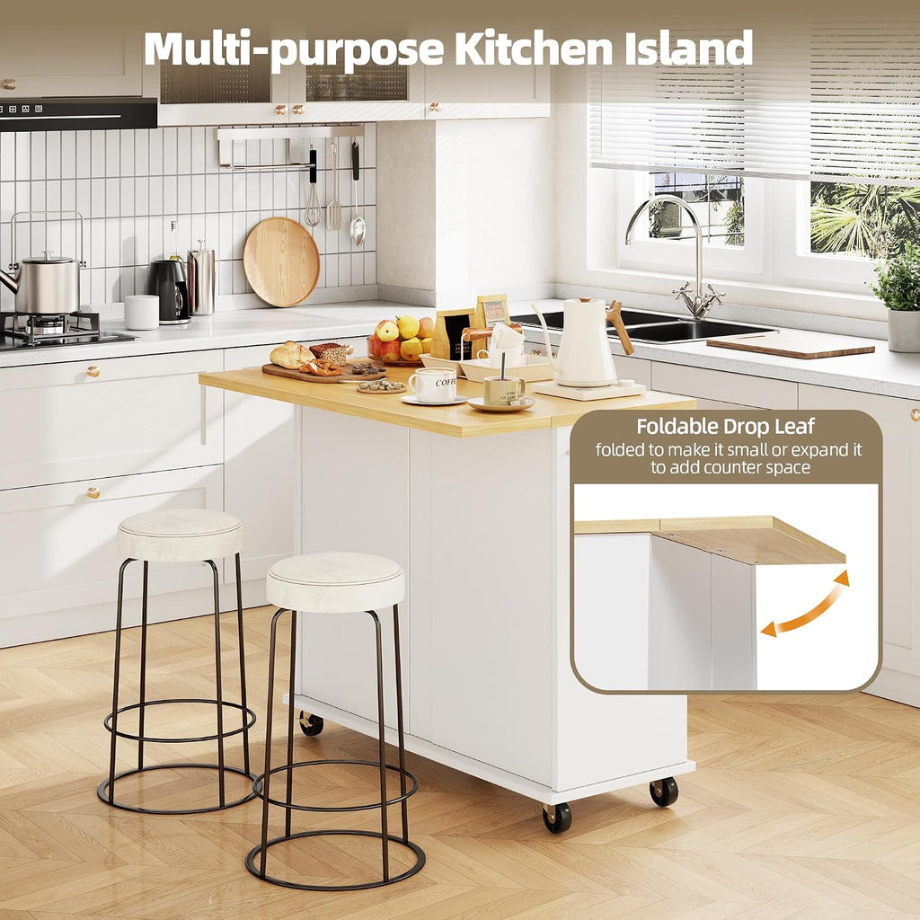 SUNLEI Kitchen Island with Storage, Kitchen Island on Wheels with Drop Leaf, Rolling Kitchen Island Cart with Cabinet and Drawers, Mobile Kitchen Storage Cart for Dining Room, White