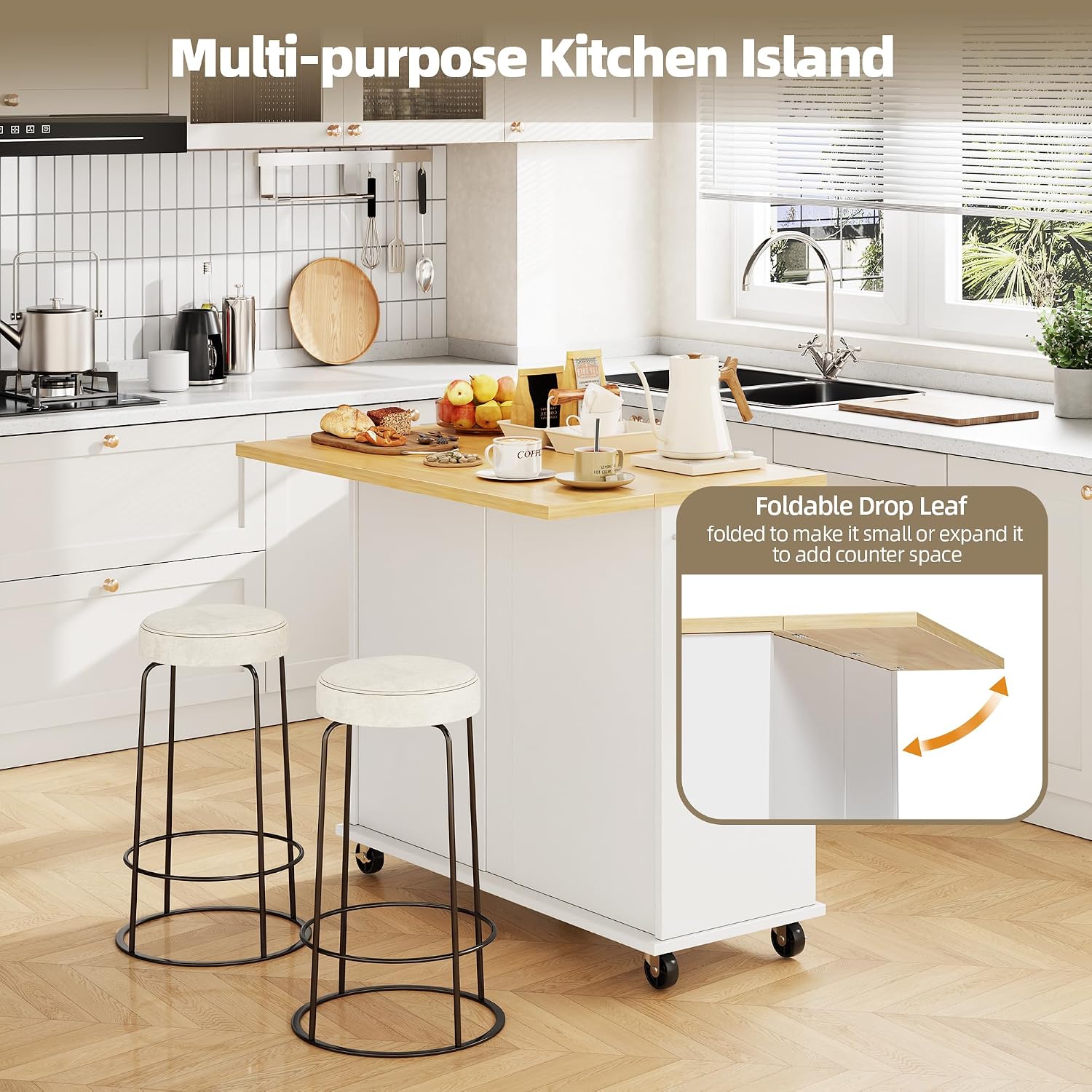 SUNLEI Kitchen Island with Storage, Kitchen Island on Wheels with Drop Leaf, Rolling Kitchen Island Cart with Cabinet and Drawers, Mobile Kitchen Storage Cart for Dining Room, White
