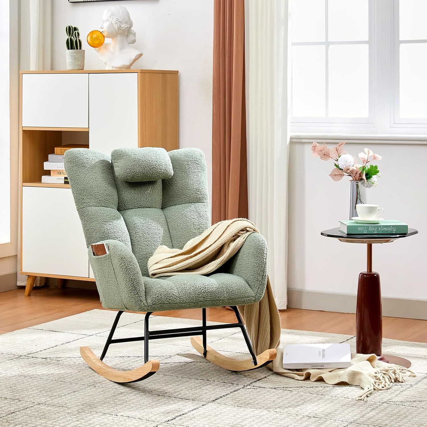300lb Capacity Nursery Glider Rocker,Teddy Upholstered with Wood Legs for Living Room,Bedroom Nursery Includes Side Pockets