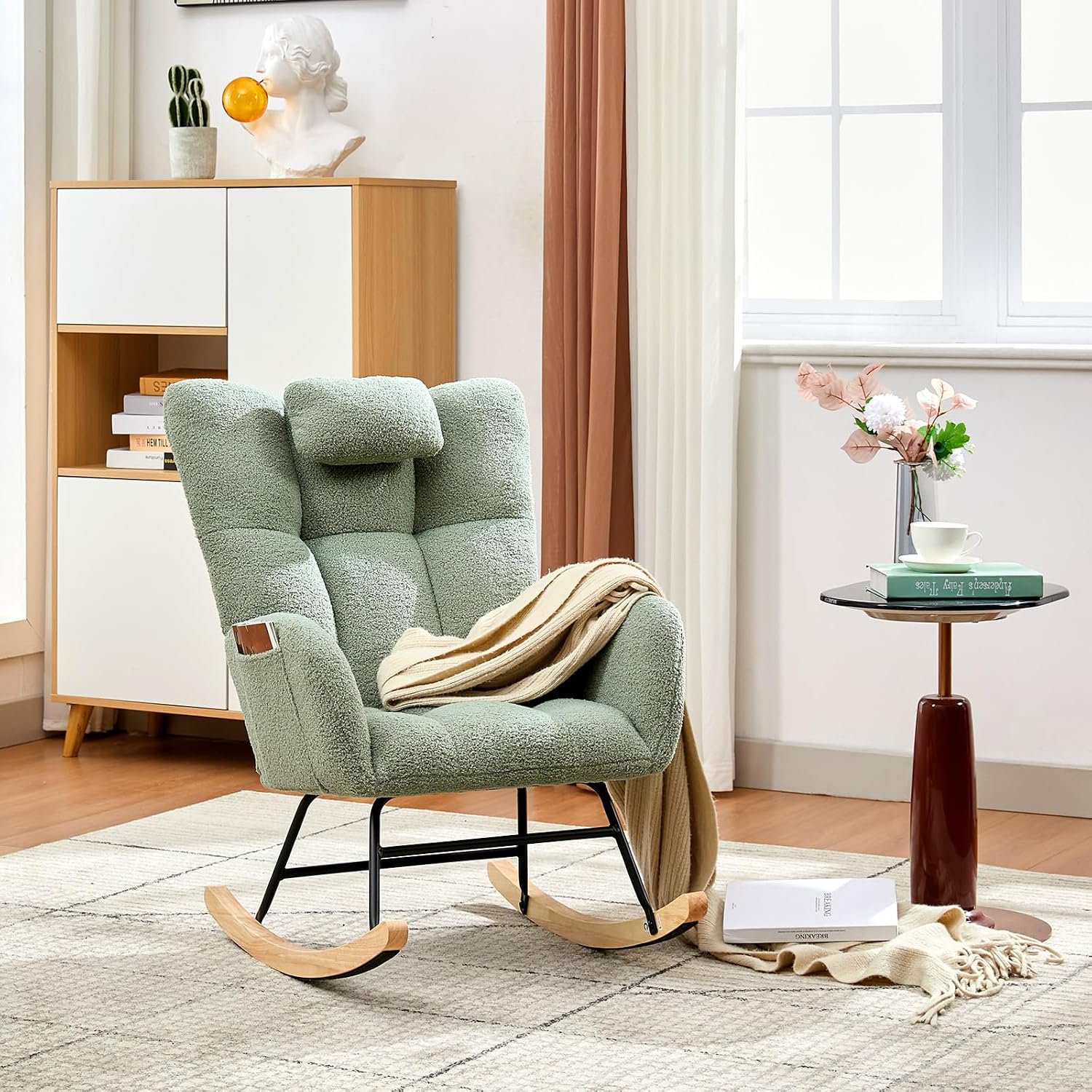 Rocking Chair Nursery Teddy with Pillow&High Backrest Armchair,Fabric Upholstered Accent Chair Nursing Chairs for Living Room, Bedroom,Green