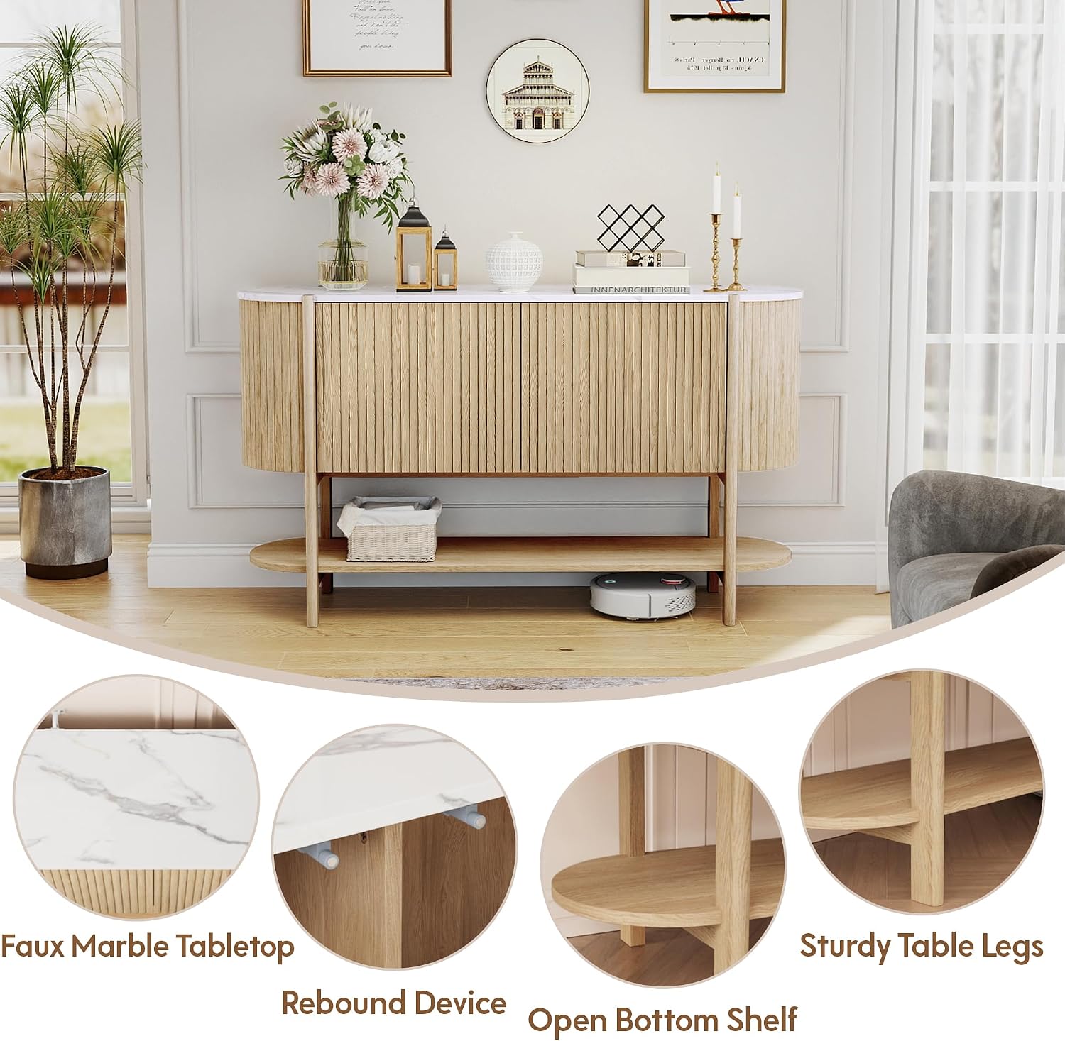Console Table with Storage, Fluted Entryway Table with 2 Doors and Open Shelf, Long Sofa Table Behind Couch for Living Room, Hallway (Natural)
