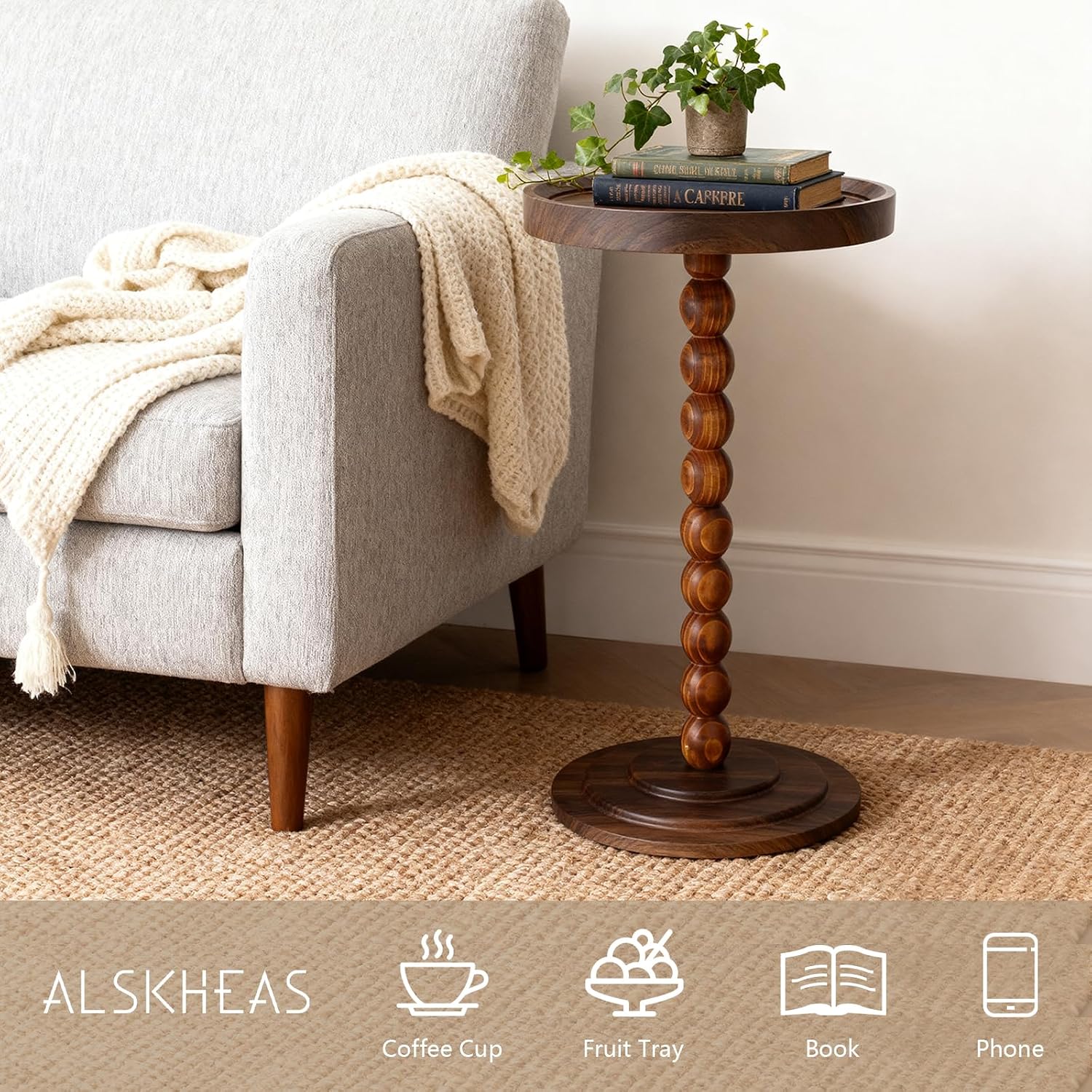 Small Round Side Table, Drink Tables for Small Spaces, Pedestal Side Table with Solid Wood Leg, Modern Accent End Table for Living Room, Mini Coffee Table, Balcony, Easy Assembly (Walnut)