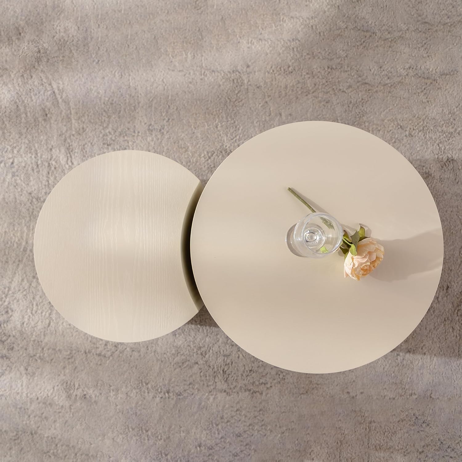 Nesting Coffee Table Set of 2, Round & Crescent Moon Wood Coffee Table and End Table Sets, Modern Luxury Accent Center Tea Table for Living Room Bedroom, （Beige + Cream, 18.9" & 14.96"