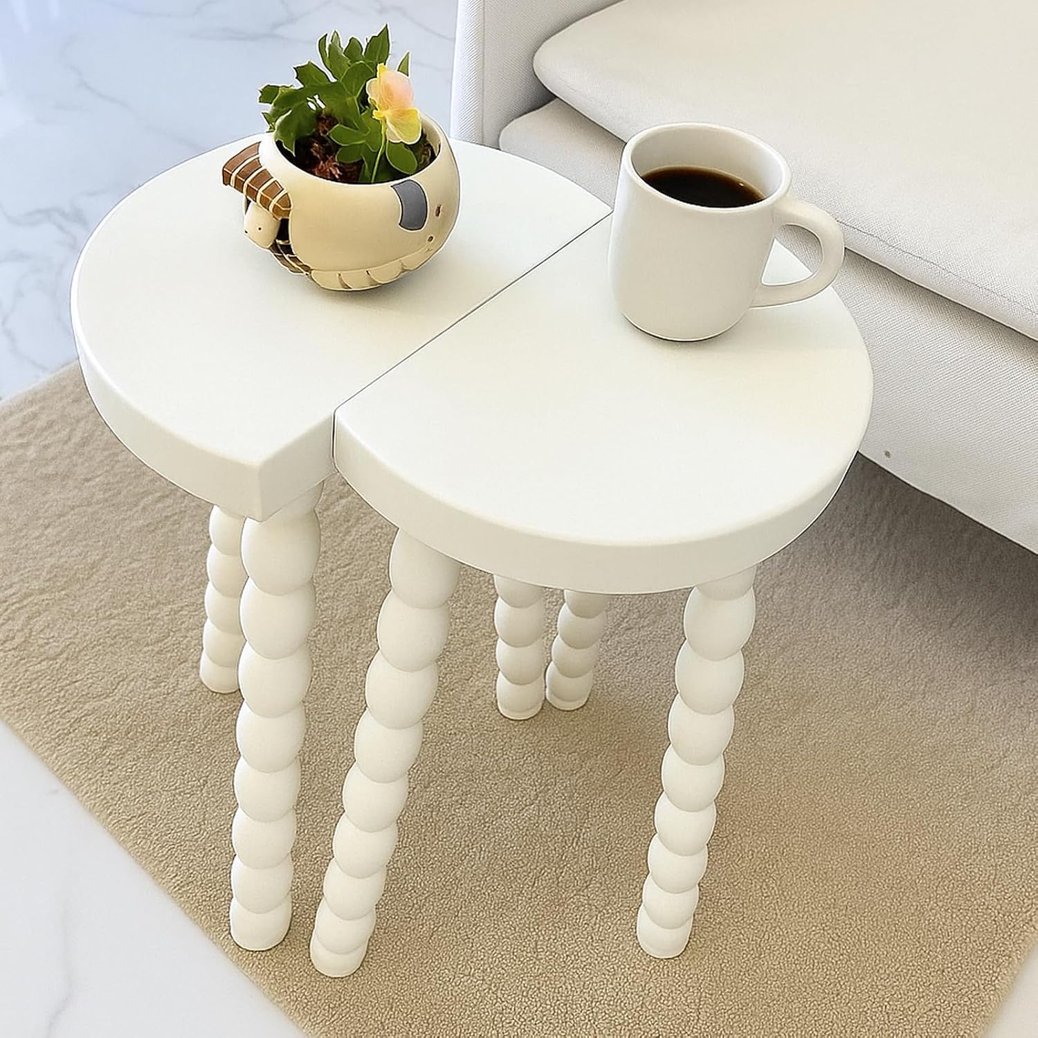 LitaEther 19.5" Wooden Bobbin Leg Side Table - Half Round Table - Wooden Accent Stool- Half Moon Tripod Table for Bedroom, Hallway, Living Room, Sofa Side (White,1pcs)