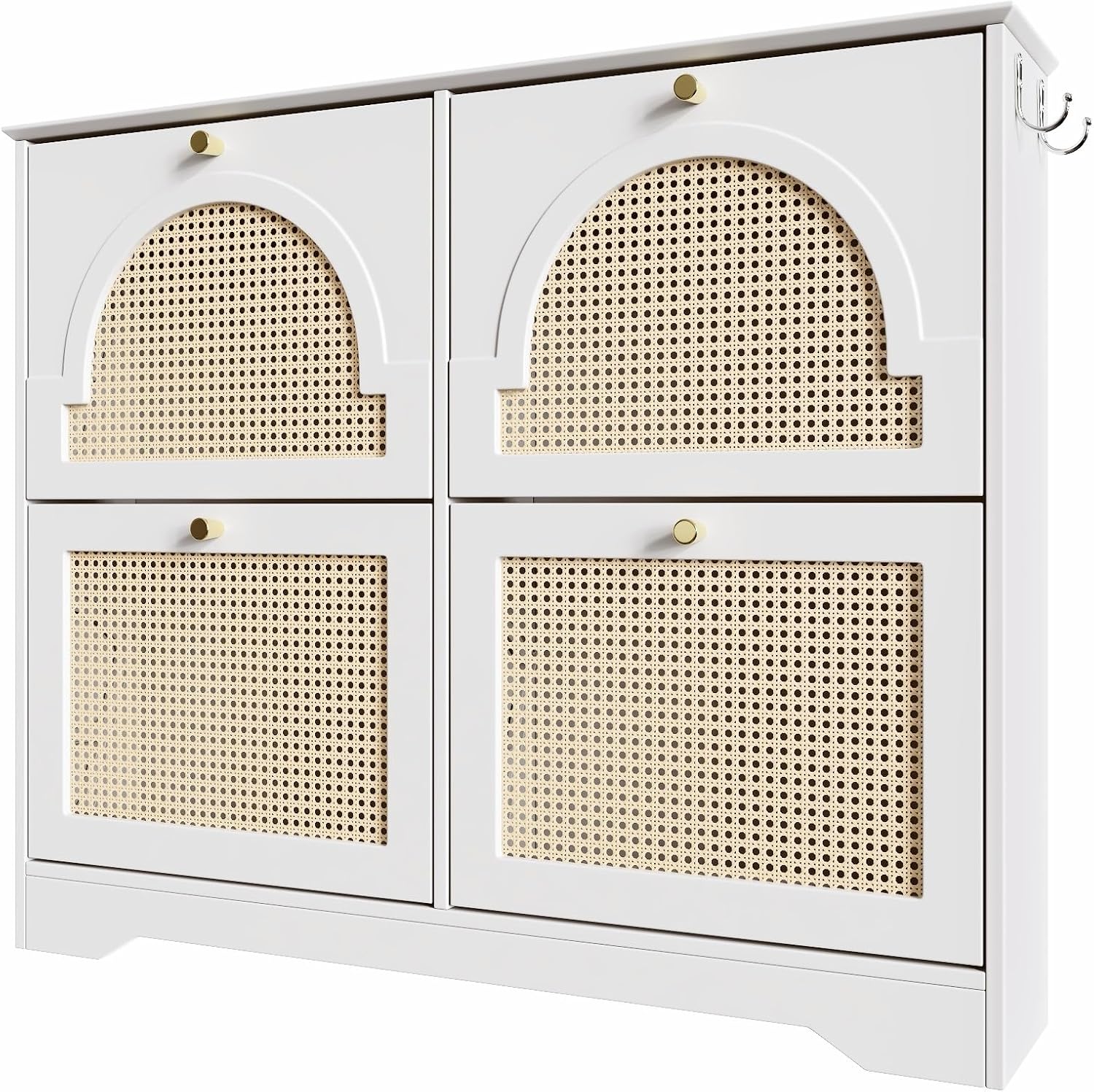 Freestanding Shoe Rack, Tipping Bucket Shoe Cabinet with 4 Flip Drawers, Elegant Entryway Shoe Organizer with 4 Rattan Doors,for Kitchen Home