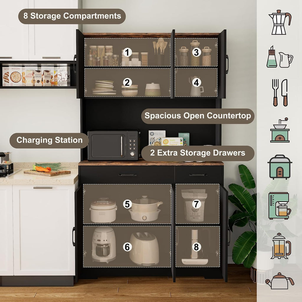 71" Pantry Cabinet with Charging Station, Farmhouse Kitchen Storage Cabinet with Drawers, Large Kitchen Hutch with 6-Zone Organization for Dining, Kitchen, Living Room (Black)