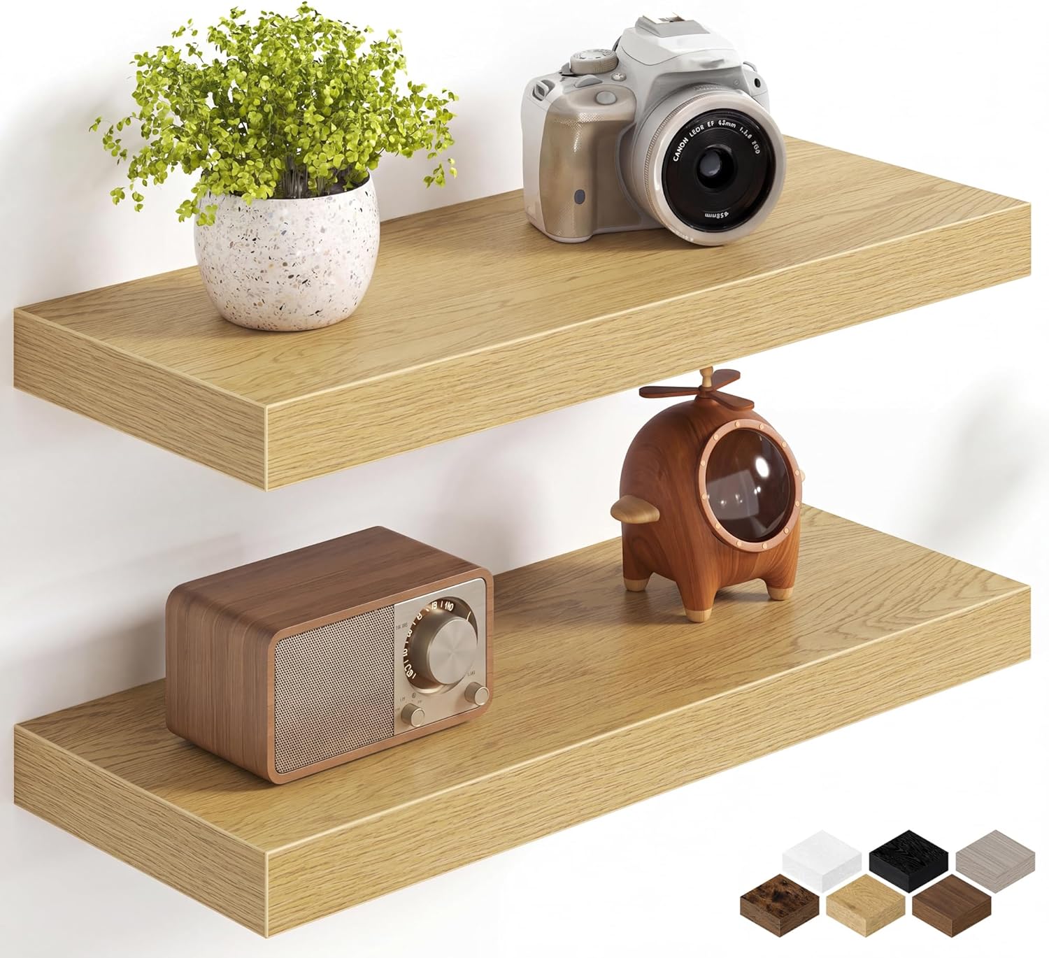 Fun Memories 20Inch Floating Shelves for Wall, 8 Inch Deep Shelves for Bathroom|Bedroom|Kitchen Wall Mounted, Wood Hanging Shelf with Invisible Brackets for Home Storage Decor, Oak - 2 Pack