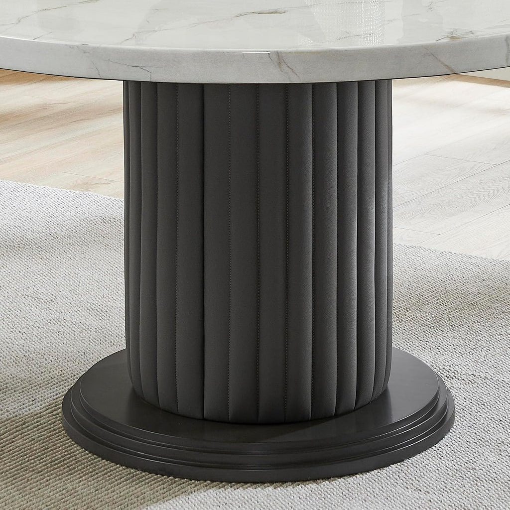 54" Round Dining Table White Faux Marble Top Gray PVC-Upholstered Pedestal Column Gray Wood Base, Fluted Stitching, Foam Padding, Sturdy MDF & Plywood, Modern Contemporary Kitchen Dining, Seats 6