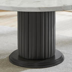 54" Round Dining Table White Faux Marble Top Gray PVC-Upholstered Pedestal Column Gray Wood Base, Fluted Stitching, Foam Padding, Sturdy MDF & Plywood, Modern Contemporary Kitchen Dining, Seats 6