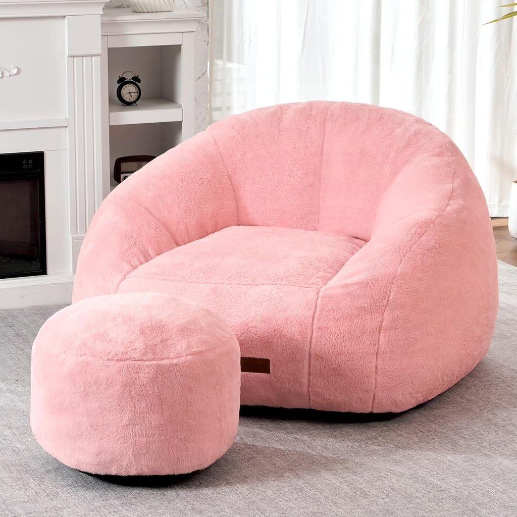 HABUTWAY Bean Bag Chair, Giant Bean Bag Chairs for Adults with Ottoman, Comfy Faux Fur Shell-Shaped Bean Bag Couch, Sofa Chair for Living Room, Bedroom, Pink