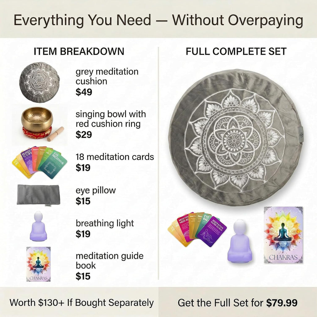 Meditation Cushion Set with Buckwheat Zafu, Breathing Light, Singing Bowl, Eye Pillow & Affirmation Cards – Meditation Kit for Beginners, Mindfulness Gift Set for Stress Relief & Yoga