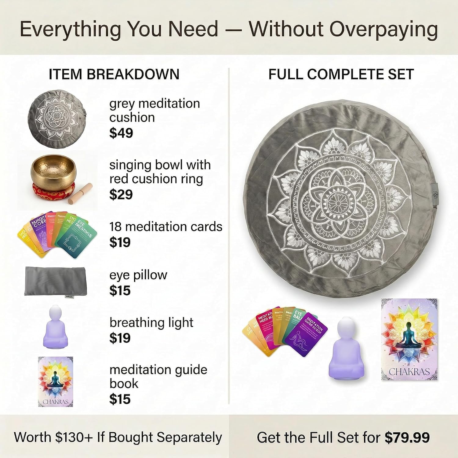 Meditation Cushion Set with Buckwheat Zafu, Breathing Light, Singing Bowl, Eye Pillow & Affirmation Cards – Meditation Kit for Beginners, Mindfulness Gift Set for Stress Relief & Yoga