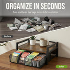Tea Bag Organizer for Countertop, Tea Bag Storage Organizer with Drawer and Top Tray, Vintage Wood Grain Tea Organizer with Metal Frame, Tea Station Organizer for Tea Bags Coffee Sweetener Packets