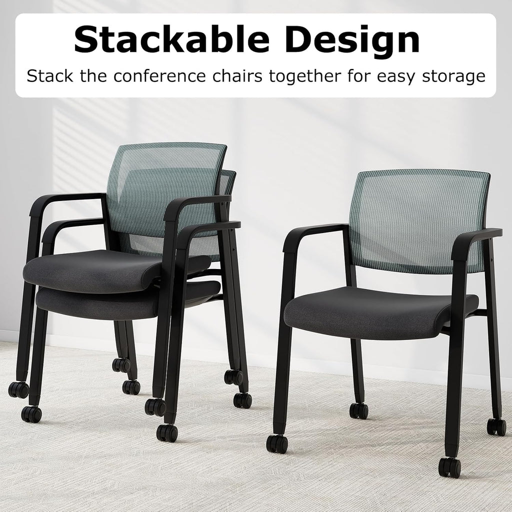 Giantex 10-Pack Waiting Room Chair Set, Rolling Office Desk Chairs with PU Wheels, Armrests, Stackable Guest Chair for Office, School, Lobby,Reception, Conference, Grey