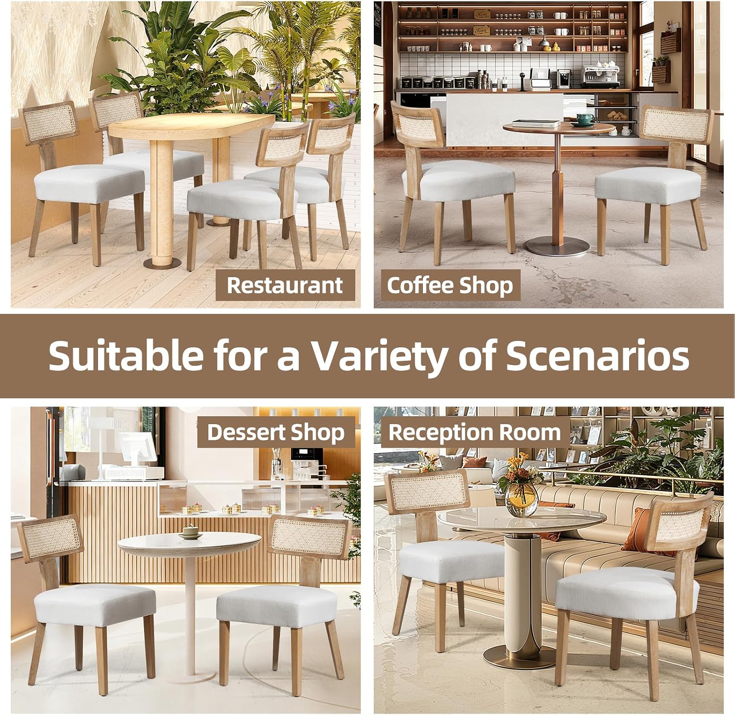 ZJhome Mid-Century Modern Rattan Dining Chairs Set of 4 – Farmhouse Linen Upholstered Accent Chairs with Curved Backrest, Solid Hardwood Frame, and Comfortable Seat for Kitchen & Dining Room – Beige