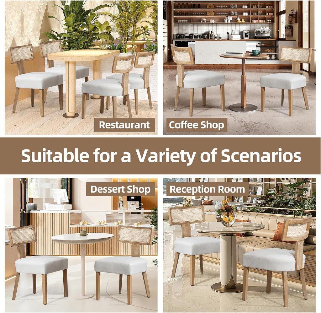 ZJhome Mid-Century Modern Rattan Dining Chairs Set of 4 – Farmhouse Linen Upholstered Accent Chairs with Curved Backrest, Solid Hardwood Frame, and Comfortable Seat for Kitchen & Dining Room – Beige