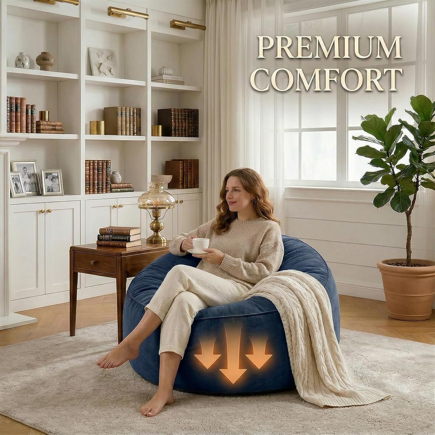 Bean Bag Chair for Adults, High-Density Memory Foam Beanbag Chair with Removable Washable Velvet Cover, Fast Rebound Fluffy Lazy Sofa Couch for Living Room & Bedroom