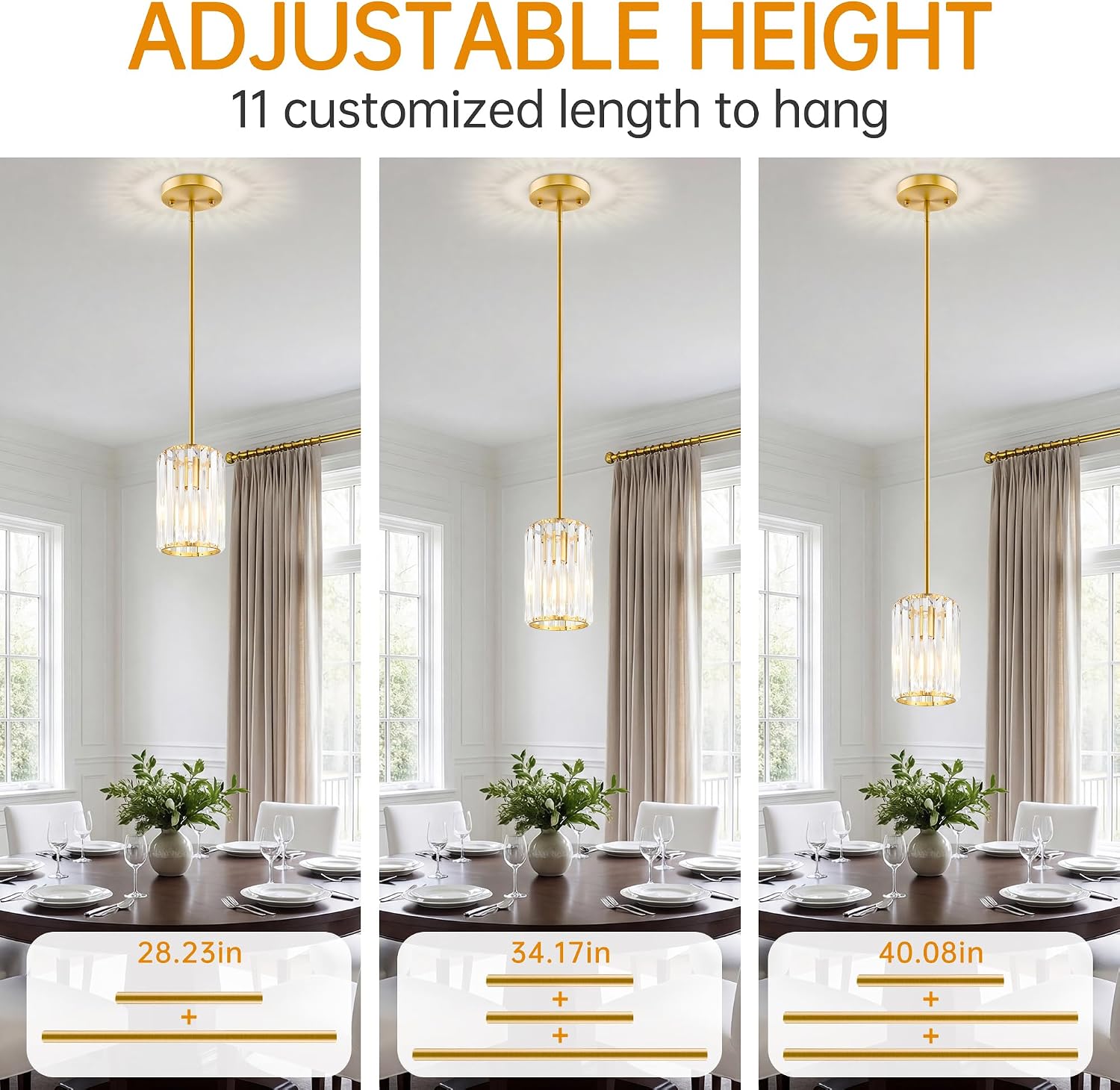 Gold Pendant Light, Modern Crystal Pendant Lights Kitchen Island, Kitchen Island Lighting with Adjustable Height, UL Certified Island Lights for Kitchen Dining Room Bedroom Hallway 3 Pack
