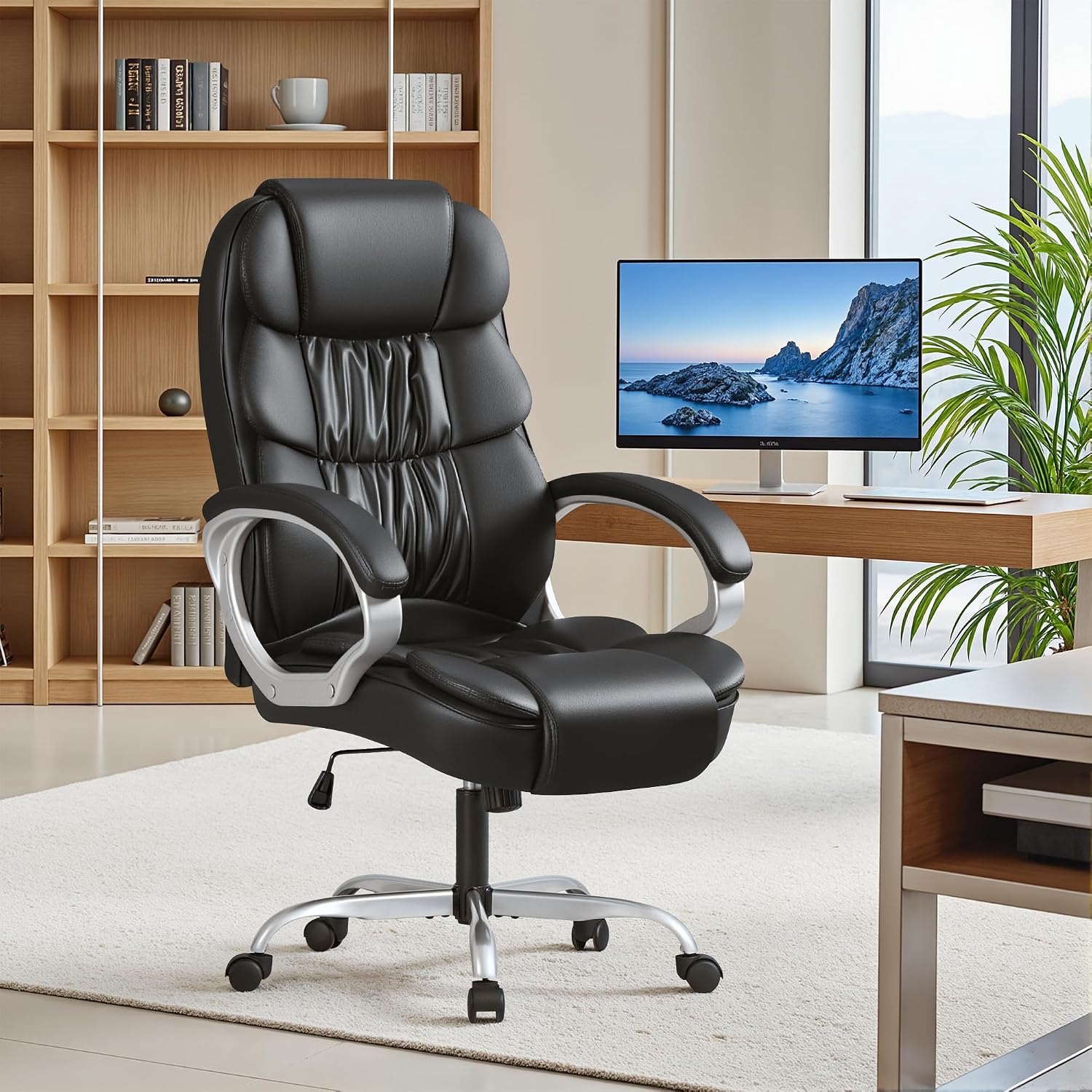Furmax Leather High Back Office Chair Ergonomic Executive Office Chair Swivel Computer Desk Chair Lumbar Support Soft Cushioned Padded Arms (Black)