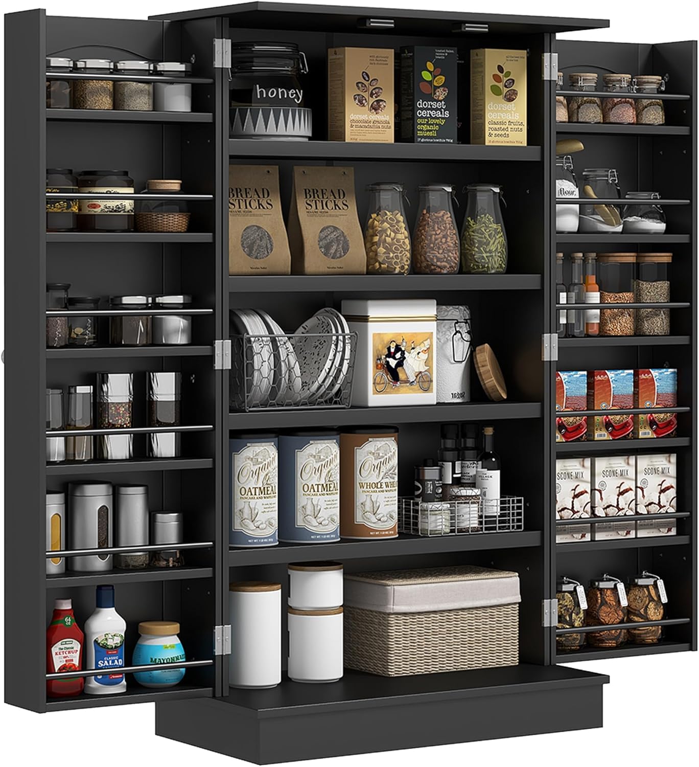 41" Modern Kitchen Pantry, Freestanding Storage Cabinet with 12 Door Shelves, Double Doors, 5-Tier Shelving and Adjustable Shelves, Black, Easy to Maintain, for Dining Room