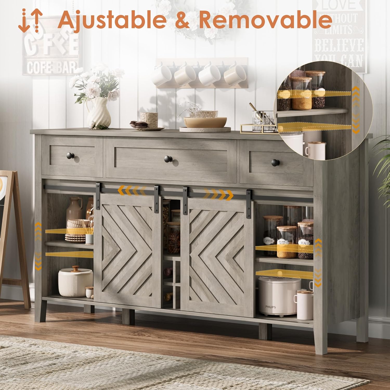 CABIHOME Farmhouse 47.2'' Buffet Cabinet with Sliding Barn Door, 33.4'' Tall Wood Rustic Sideboard with 3 Drawer, Adjustable Shelf and Removable Wine Rack (Vintage, 59'')