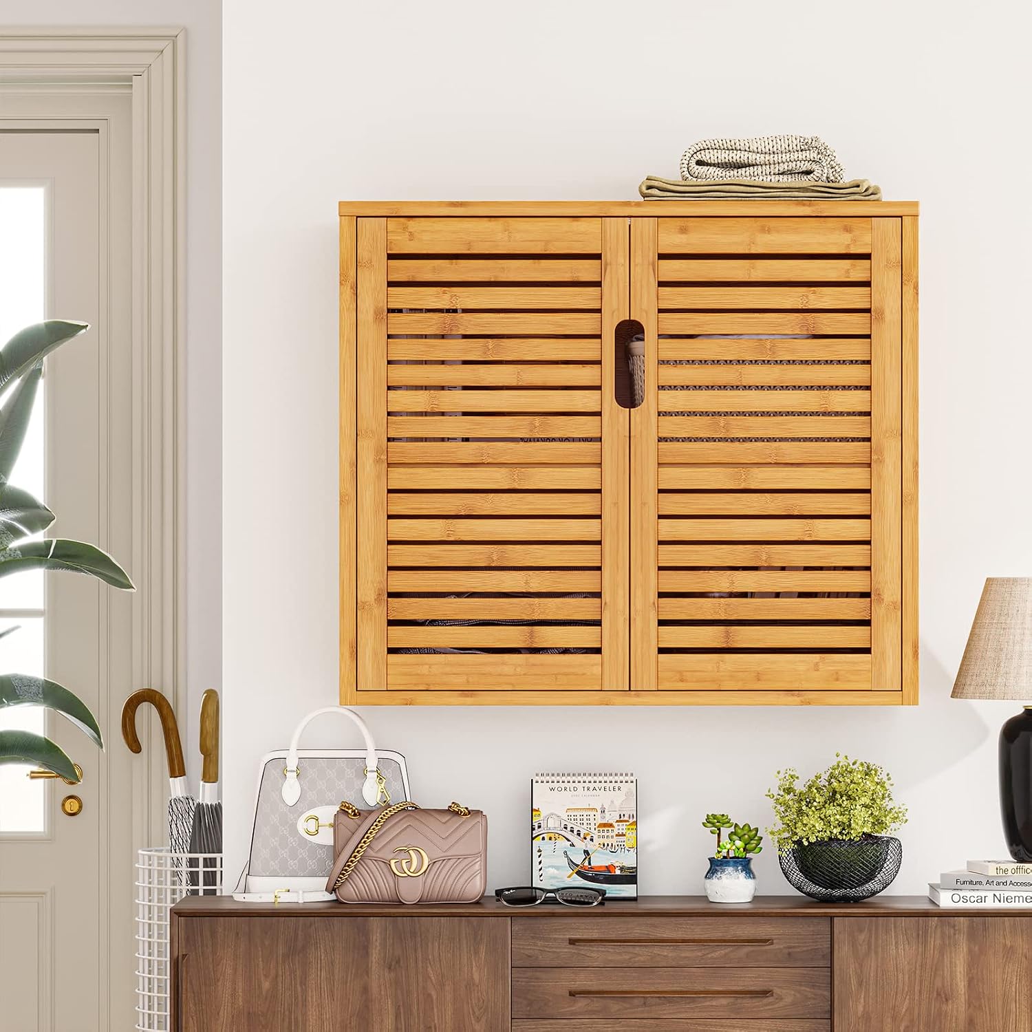 VIAGDO Wall Cabinet Bathroom Storage Cabinet Wall Mounted with Adjustable Shelves Inside, Double Door Medicine Cabinet, Utility Cabinet Organizer Over Toilet, Bamboo, 23.2''Lx8.1''Wx20.4''H