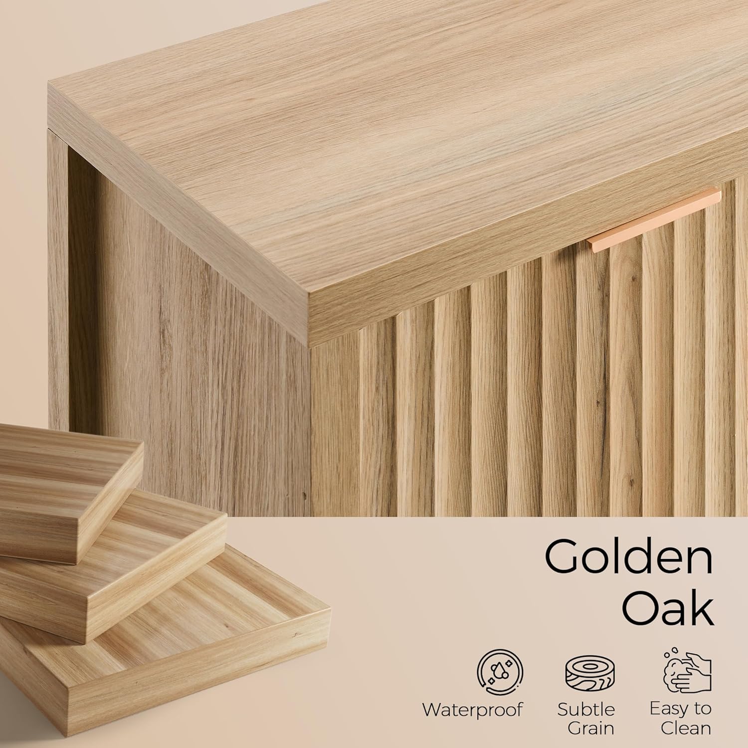 OAKHAM HOME Fluted Cabinet, Modern Sideboard Buffet Cabinet with Storage Credenza with Doors & Shelves Media Console Accent for Entryway Hallway Dining Room Living Room Golden Oak