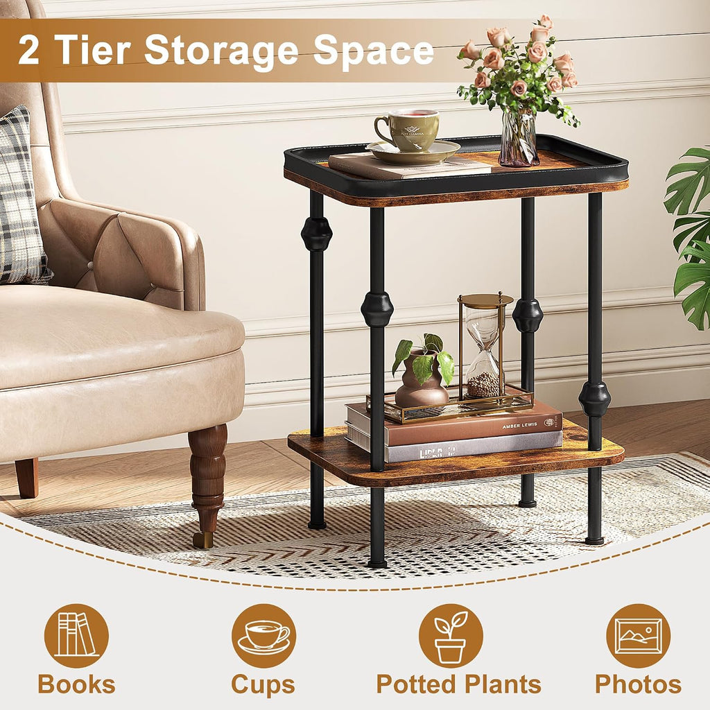 Farmhouse Rectangular Side Table with Storage Shelf,2 Tier End Table with Raised Edge Tray Top, Accent Sofa Table for Small Space, Living Room, Bedroom,Rustic Brown